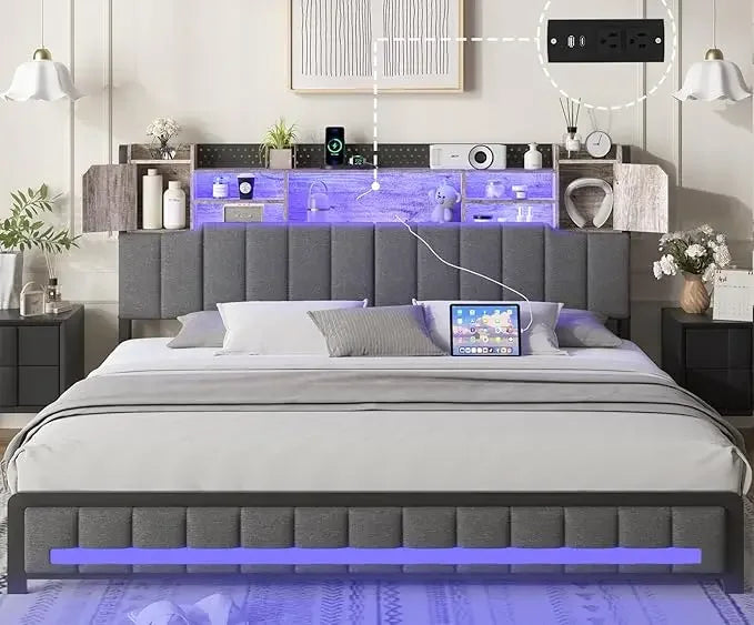 King Bed Frame and Bookcase Storage Headboard, LED Upholstered Bed Frame with Charging Station, Light Up Platform Bed Frame