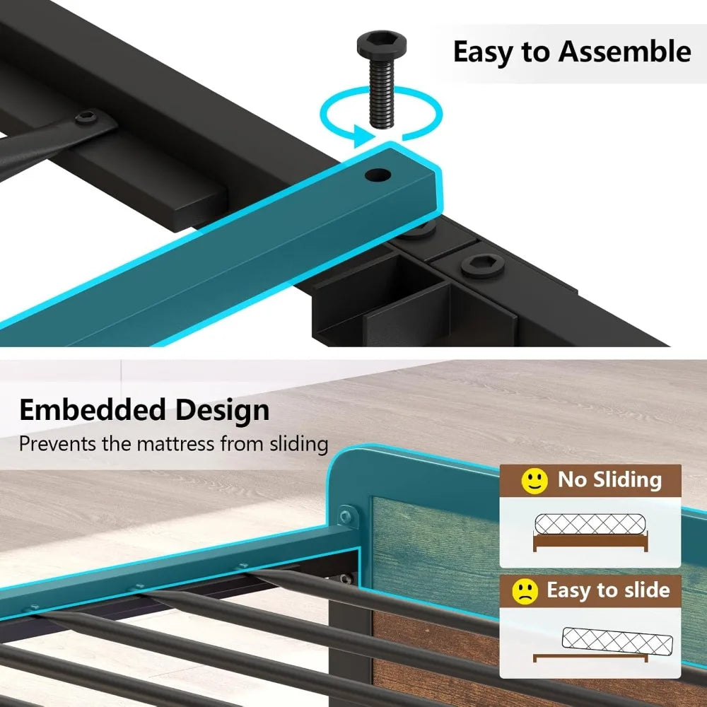 King Size Bed Frame, LED Bed Frame with USB Charging Station, Metal Platform Bed Frame King with Hidden Storage Space