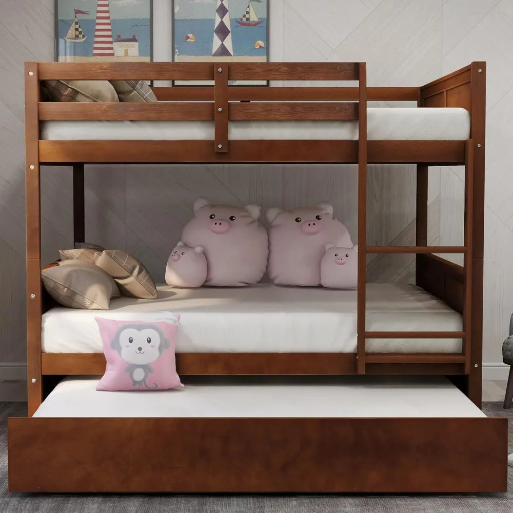 Full Over Bunk Beds, Solid Wood Bed with Trundle/Ladder/Safety Rail, for Kids Teens and Adults, Space Saving Bedroom Furniture