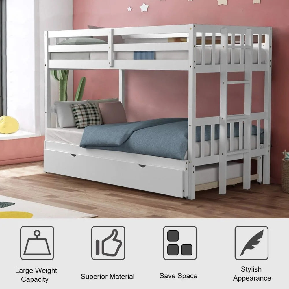 Twin Over Pull-Out Bunk Bed with Trundle, Extendable, Solid Wood Bed with Ladder & Safety Rail, for Kids Adults Teens, Bunk Beds