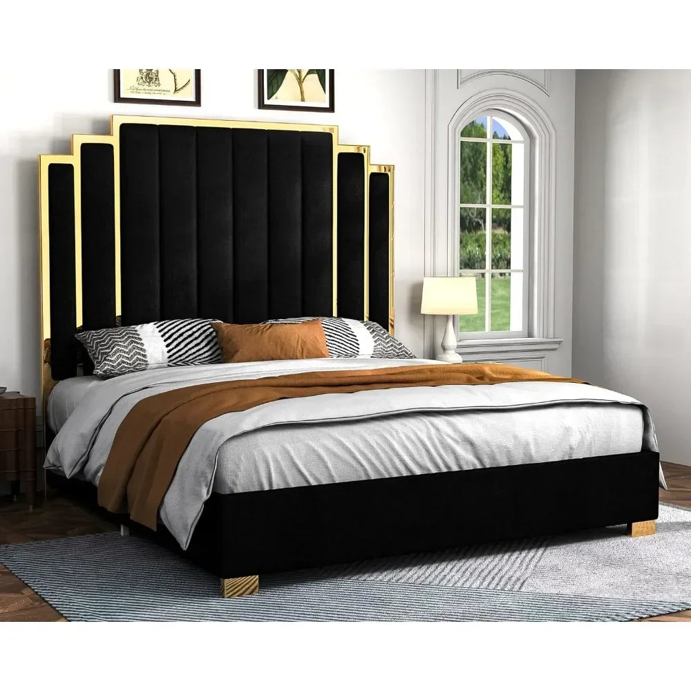 King Size Platform Bed Frame, 65" Velvet Upholstered Bed with Gold Trim Headboard/Wooden Slats