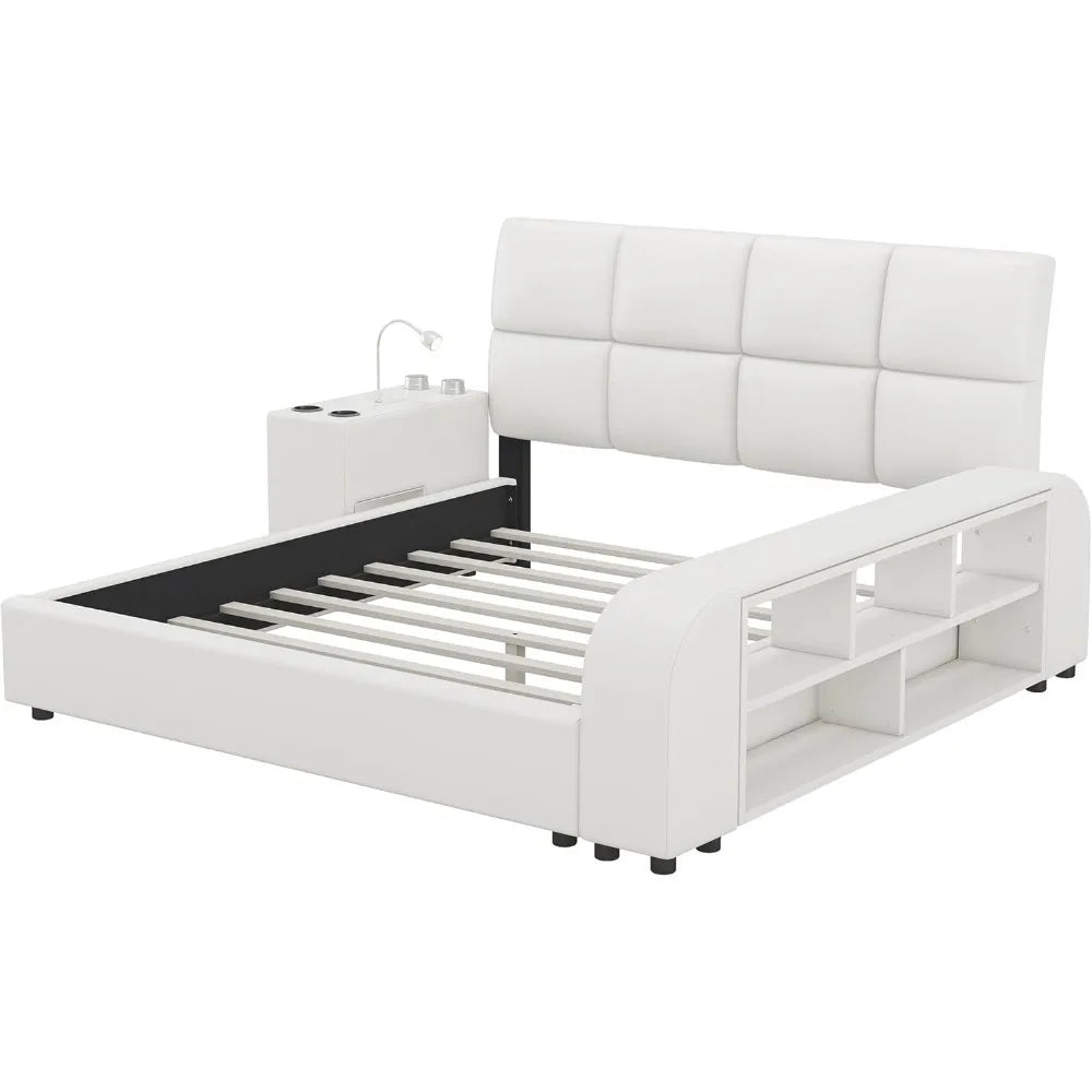 Queen Size Smart Bed Frame，Storage Shelves and Multimedia Nightstand,Upholstered Platform Bed with Headboard,Faux Leather，White