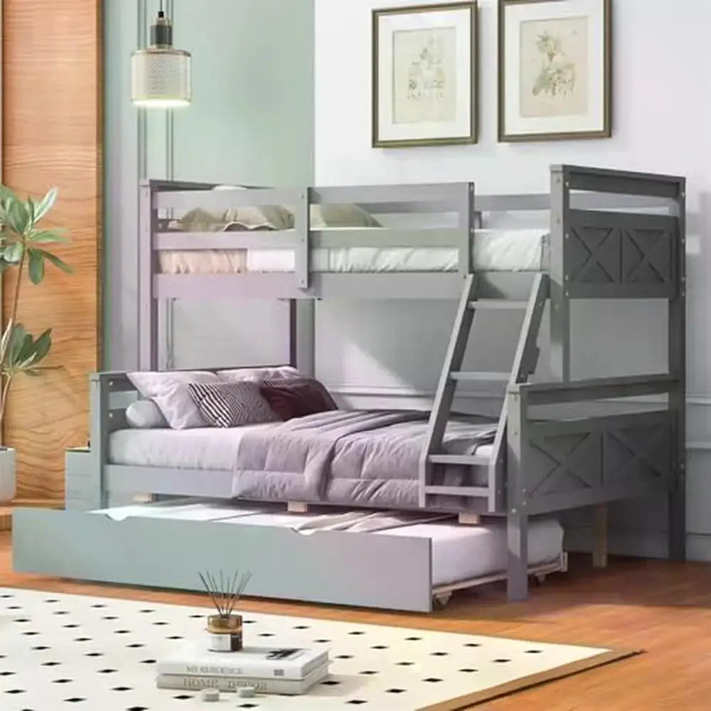 Twin Over Full Bunk Bed with Trundle Solid Wood Frame Guardrail Ladder Grey Finish Sturdy & Space Saving 78.7''L*96.5''W*62.3''H