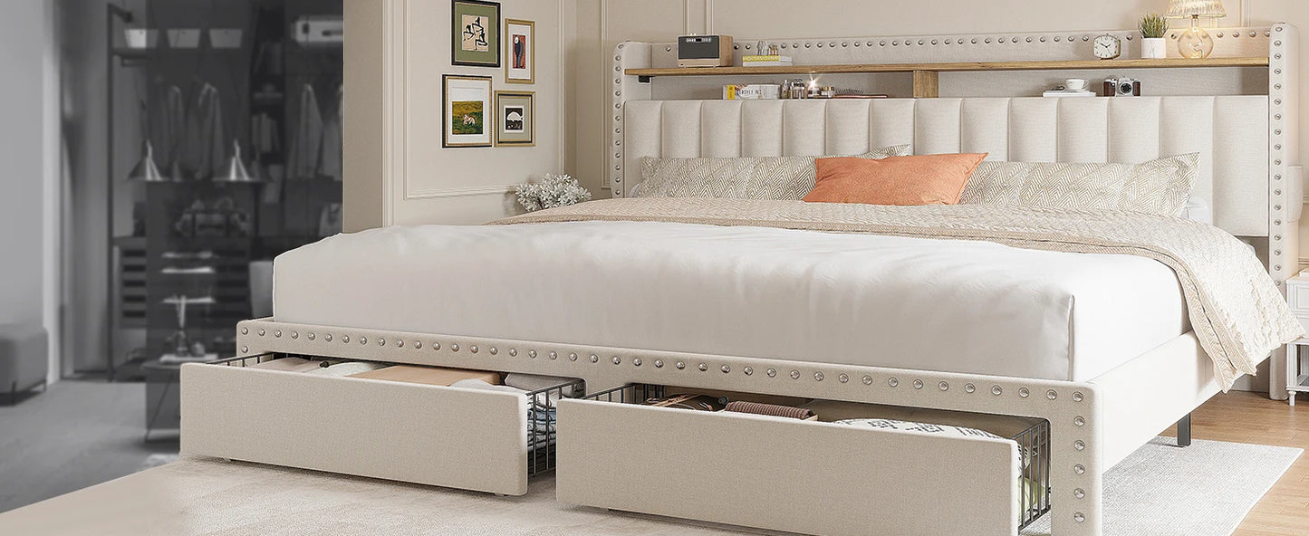 King Size Bed Frame with Storage and Headboard, Bed Frame with 2 Drawers and Storage, NO Noise,No Box Spring Needed