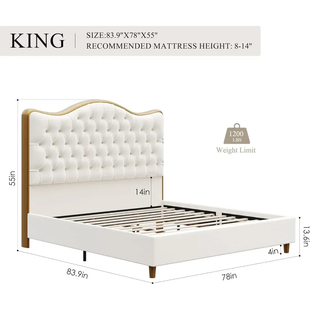 King Size Platform Bed Frame with 55" Tall Curved Headboard, Linen Modern Upholstered Bed Frame