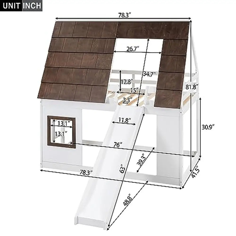 Modern Twin Size House Bunk Bed Frame with Slide Roof Ladder & Spindles No Box Spring Needed White/Brown Easy Assembly 250lb