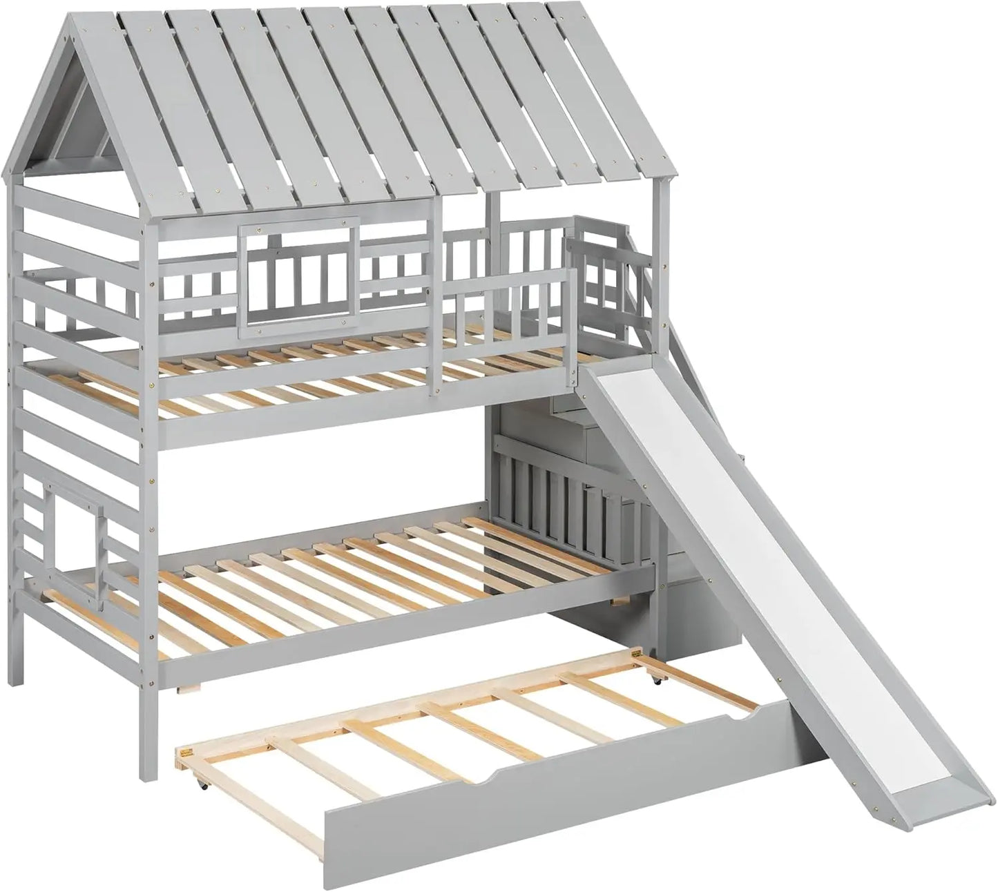 Kids Twin Over Twin Bunk Beds with Slide and Trundle, Bed Frame with Stairs and Storage, Playhouse Bunk Bed with Roof and Window